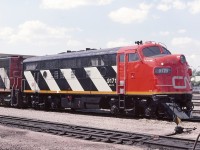 Under the high summer sun, 9171 idles at the Calder Yard diesel shop. 9171 was originally GTW 9013 built as an F-3. Not sure of the circumstances or re-building but was reclassified as an F-7 and has retained the "chicken wire" grills. I understand this unit is preserved at the railway museum in St.Thomas, Ontario.  Calder yard has been renamed Walker Yard