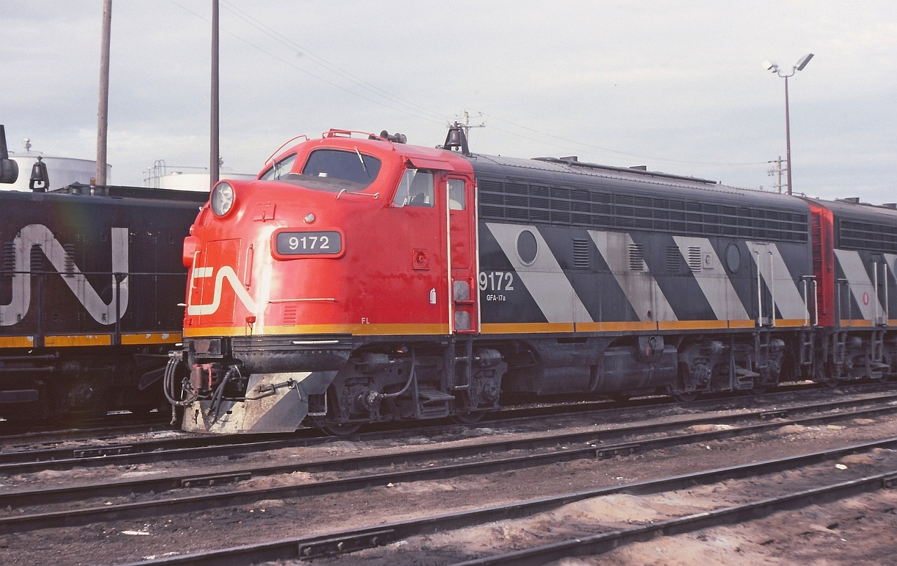 A bright afternoon and a clean shinny nose on 9172 as it idles at the diesel shop. The shop staff there seemed reasonable with people taking pictures on the property and it also helped that I was a CN employee at the time.