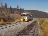 train No 2 with the BC 31 leading at Onward siding. This train is heading to Lillooet where it will combine with two or three more RDC's and continue to North Vancouver. Evidence of a major MoW project with fresh ballast, ties and perhaps new CWR being installed.