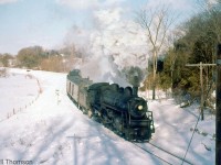 Canadian National K3b Pacific 5594 is shown leaving Hanover with a short passenger train, heading south on a very cold March day in 1959.