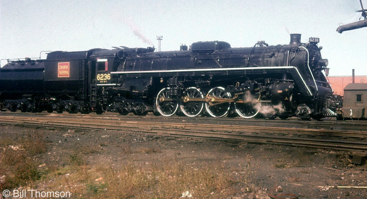 CN U2h Northern 6236 (built by MLW in 1943, scrapped 1960) is shown at Mimico in 1956. Note the bronzed driving rods on the unit.