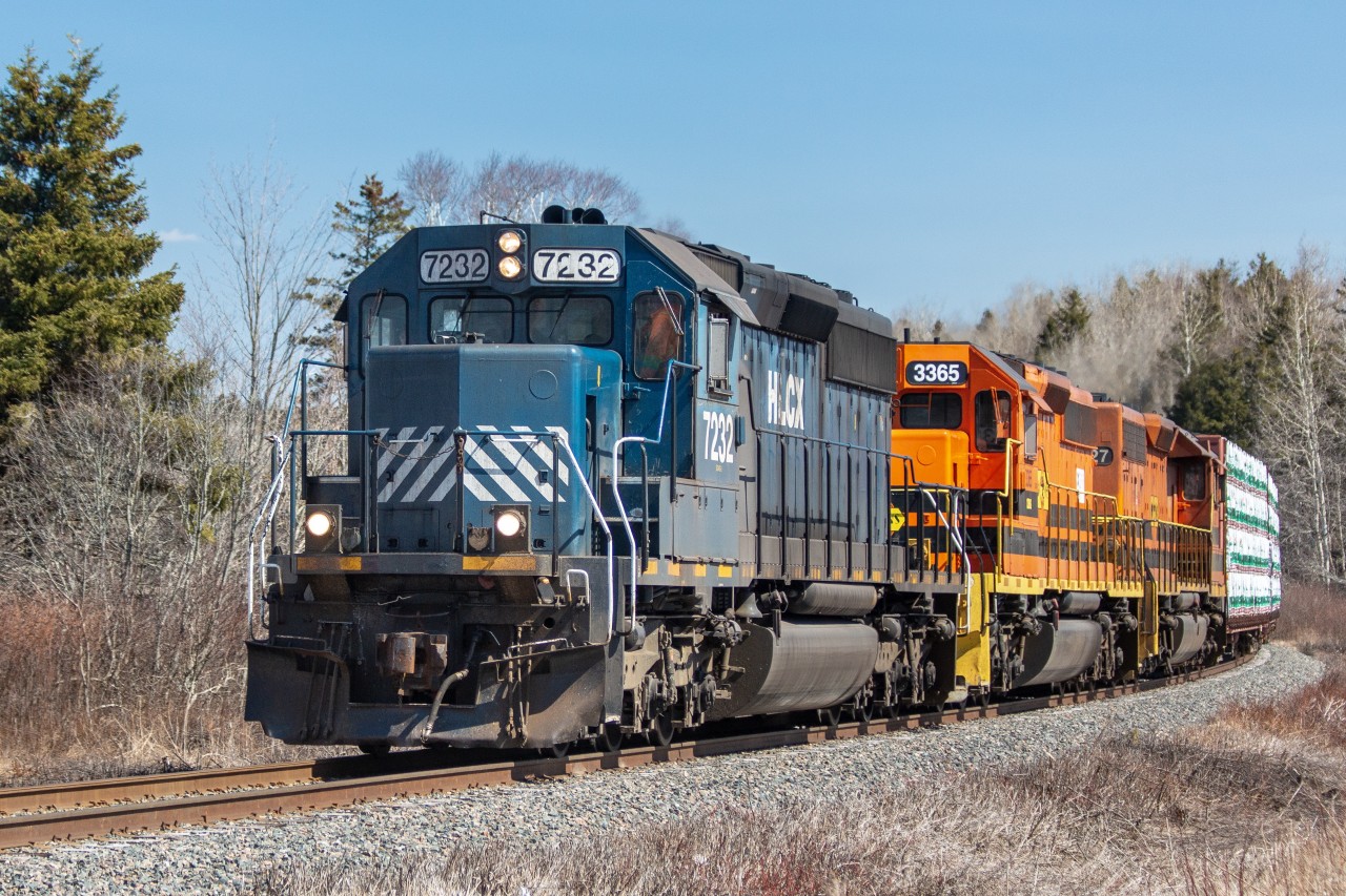 HLCX 7232 leads a short freight train towards the Truro reload yard where it will drop off a cut of cars before picking up another train and heading back to the the CBNS yard in Trenton