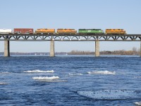 The second to last inbound detour to enter Montreal is crossing the St. Lawrence River. Power is QGRY 3105, CBFX 6028, SLR 3803 & SLR 803.