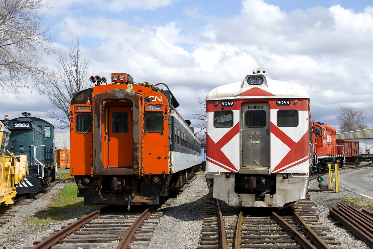 Electric MU CN 6734 and RDC-1 CP 9069 are seen preserved at Exporail. Behind CP 9069 is GP9 CP 1608.