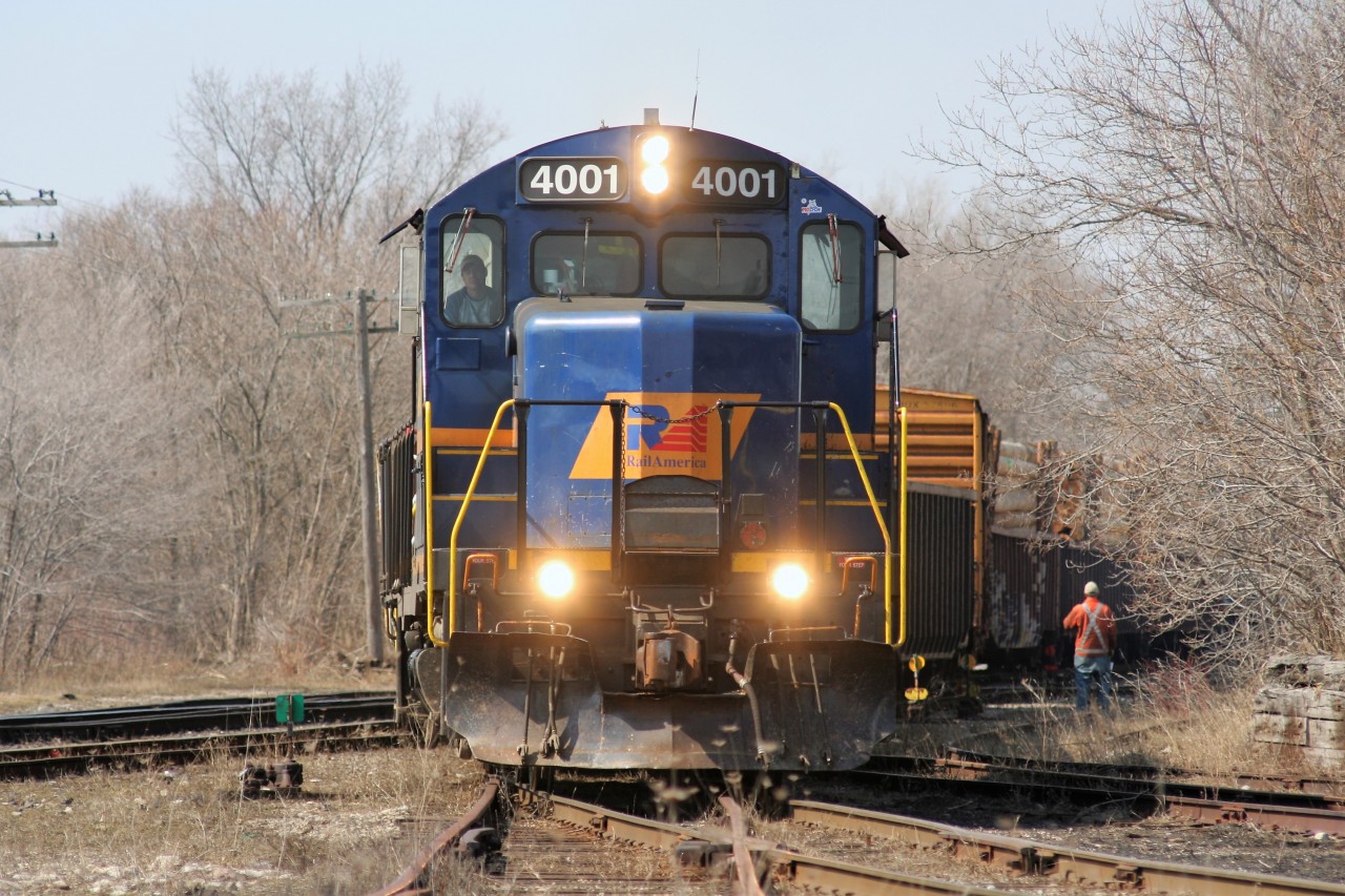 Almost 10 years ago now……Goderich-Exeter Railway train 580 with Lakeland & Waterways Railway GP9-4 4001 and GEXR GP38AC 3835 is viewed switching local traffic near the Alma Street crossing in Guelph, Ontario on a beautiful spring morning.