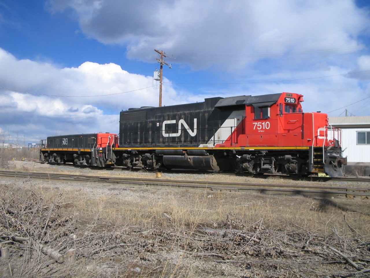 CN GP38-2 7510 and slug 503 sitting in Hinton, AB.