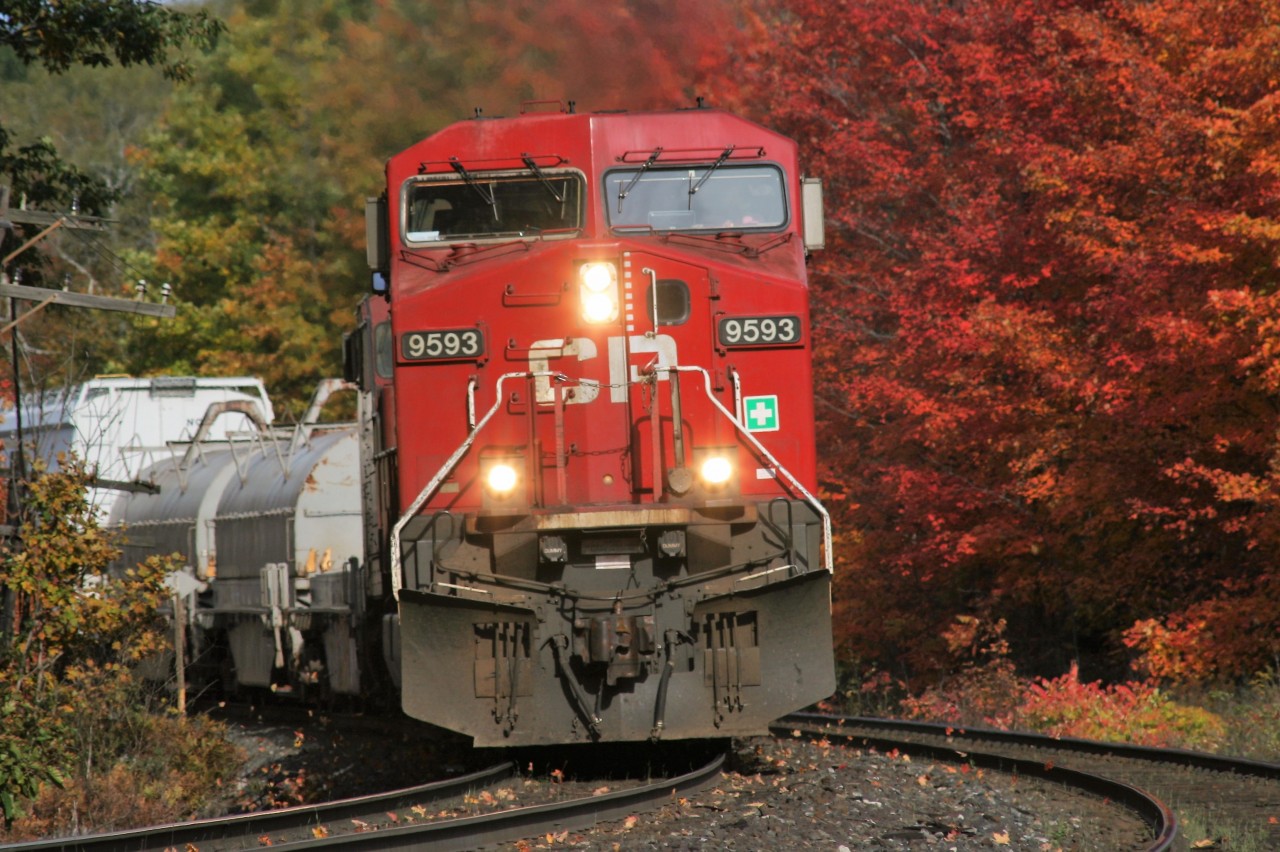 A Canadian Pacific train with AC4400CW 9593 and a sister AC4400CW lead westbound tonnage on the Galt Subdivision as it approaches Campbellville, Ontario on a fall afternoon.