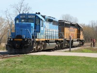 Goderich-Exeter Railway train 581 with borrowed Florida East Coast Railroad SD40-2 709 and GSCX SD40-2 7362 are seen building their train at Goderich, Ontario on a stunning spring day. 