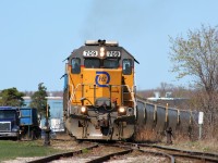 Goderich-Exeter Railway train 581 with borrowed Florida East Coast Railroad SD40-2 709 and GSCX SD40-2 7362 is seen returning to the yard in Goderich, Ontario after lifting a cut of salt hoppers from the Goderich harbor on April 11, 2010. 