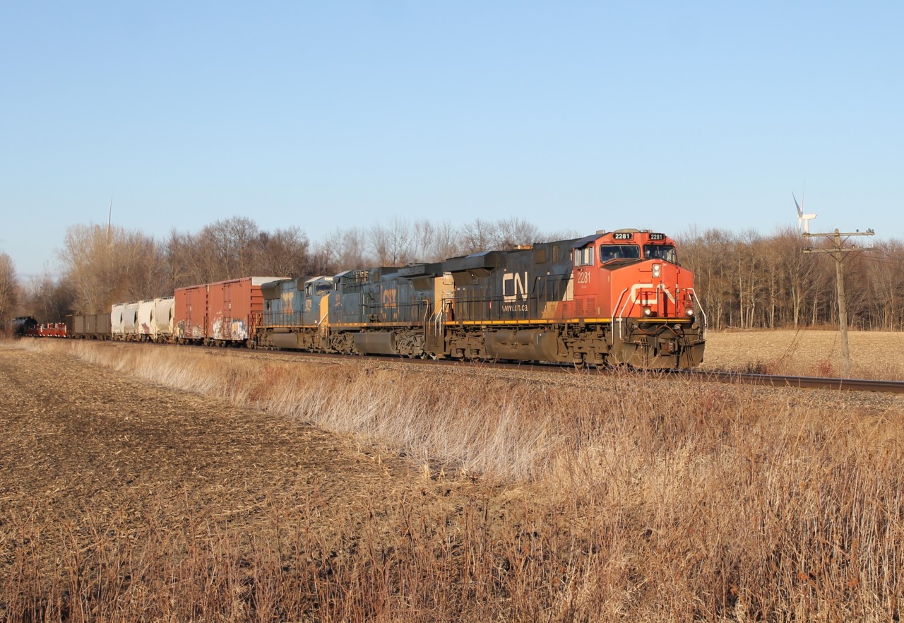 On the approach to Kent Bridge, a couple locomotives are seen returning horsepower hours to CP.