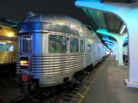 VANCOUVER VISTA. After an amazing 3 night 4 day journey on VIA Rail's famous 'Canadian' all the way from Toronto, the photographer and his wife have just disembarked from what can be truly classified as the trip of a lifetime. Despite departing some 11 hours late, after backing the train into the platform at the Pacific Central Station, the train still arrived exactly 11 hours after the scheduled arrival, thus maintaining a perfectly allotted travel time. The last time they saw this scene was when still celebrating their recent engagement,they boarded # 4, the eastbound 'Super Continental' on September 26, 1988 with a connection for the the #2 'Canadian' at Winnipeg, bound for Toronto. Knowing that it might be some time before they get back to Vancouver-especially by train-the photographer captured this final image of the 'Glacier Park' following their 4,466 kilometre adventure.