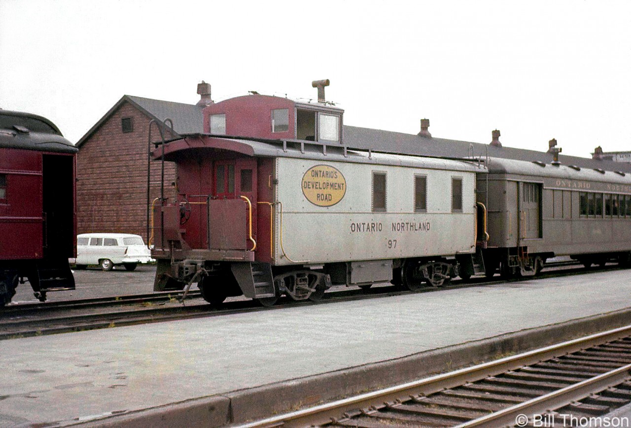 Ontario Northland steel offset-cupola caboose 97 is pictured at North Bay in 1955.