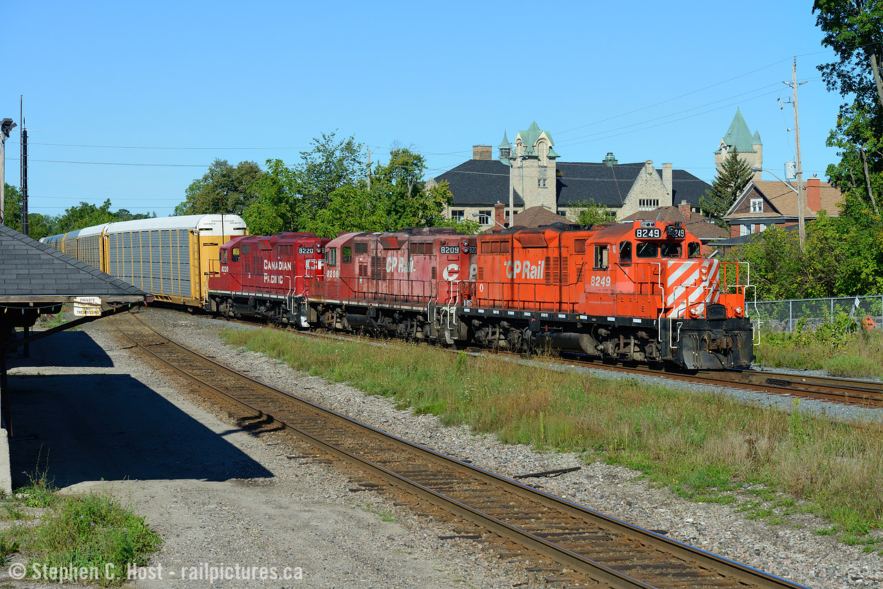 Here's the second shot  from the first of a series at Galt Station  that shows three distinct paint schemes on three CP GP9's in their twilight of service. I love seeing photos from guys like James Adeney, Robert Farkas, Arnold Mooney and others who captured CP's twilight of service for various motive power eras - such as the end of the 1st generation ALCO's in the mid 70's or the end of the MLW era in mid to late 1990's. To me this photo captures some of this era-ending essence, the ratty mismatched paint schemes, locomotives that failed to be brought into the new corporate branding, paired with some that succeeded. Bottom line is all of these are now gone, permanently off the CP roster. 8249 survives for now - sold to J&L Consulting, and the other two? I have no idea, but CP won't roster a GP9 ever again. CN still has plenty (for now) so young kids who missed CP's era can still get some on CN - don't waste time though - I would have called you out in early 2010's if you said by 2014 all CP GP9's will be off the roster - it happened fast. (Thanks, EHH).