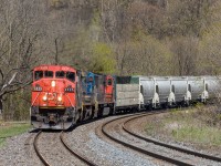 CN train no. 435 sweeps through the curves at Dundas, Ontario with an assortment of power that has become increasingly common as of late.