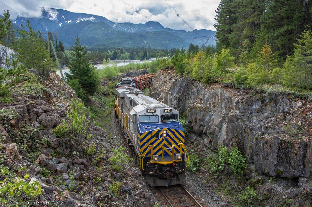 CREX 1502 & CN 8102 lead a Northbound rail train through Squamish, BC.