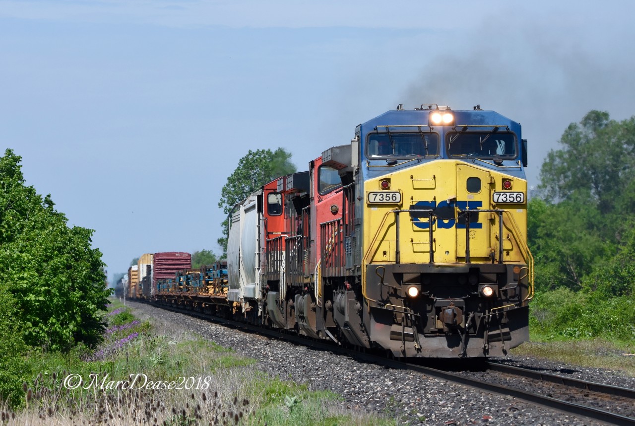 Train 509 led by GECX 7356 speeds by Fairweather Sideroad.