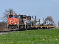 CN 2220 with a reasonably clean BCOL 4601 trailing lead a train load of blades past Camlachie Sideroad.