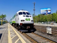 First of the MP54AC GO 647 arrives at Exhibition Station on a warm sunny day. To meet increasing air-quality standards,MPI launched the MP54AC series locomotive. While physically similar to the MP40s, the MP54s provide up to 5,400 horsepower using two Cummings QSK 60 Tier-4 compliant engines. Motive Power Industries calls this vehicle “the most powerful diesel passenger locomotive in North America”. Of the 5,400 horsepower, 4,000 is routed to the pulling effort, while the remaining 1,400 horsepower provides electricity for the rest of the train’s lighting and other systems. Others have already been delivered but are currently at Metrolinx facility at Willowbrook waiting to be put into service.