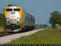 VIA Rail P42DC #913 leads a fast moving Train #73 as it approaches St. Joachim, Ontario on May 25, 2018.