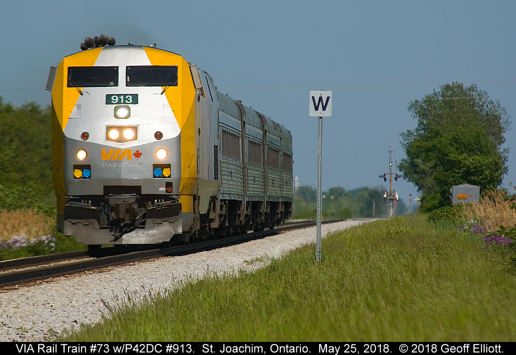 VIA Rail P42DC #913 leads a fast moving Train #73 as it approaches St. Joachim, Ontario on May 25, 2018.