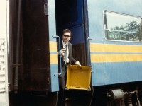 Conductor Jami Watt bringing north bound VIA to a stop at the Parry Sound station.