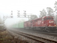 A thick layer of fog has settled in Streetsville as the sound of an EMD prime mover can be heard in the distance, within a few minutes a dim light can be seen burning its way gradually through the thick fog. The sight of any EMD power in the the lead on CP these days is definitely a  sight for sore eyes on this predominant GE Railroad. Soon rebuilt ECO SD40 #5022 charged under the searchlight signals at Streetsville Junction. These signals may finally fall soon as new LED hooded signals are gradually taking over the Galt Subdivision. Thanks Curtis for the heads up on this one :)