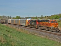 BNSF 8086 and CN 2933 drag a 147 car M 38461 20 through the plant at Snake on a beautiful spring morning.