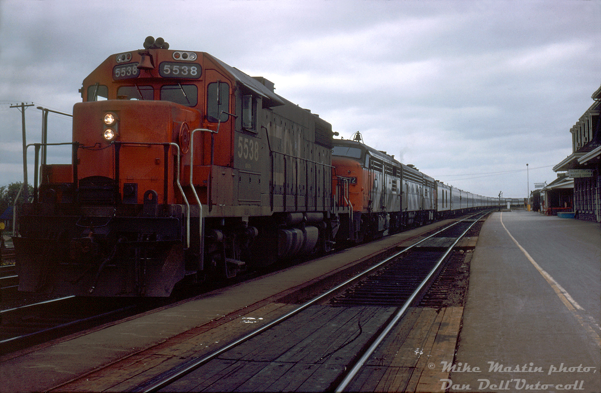This nice lengthy CN #63 consist operating as a Holiday Monday special with FPA4's 6772 & 6774 bracketing F9B 6616 as power, had lead unit 6772 fail, necessitating the addition of CN GP38-2 5538 on point to assist. Here the train is pictured at Belleville Station already running an hour late, and the 65mph top speed on the freight-service Geep won't help much in making up lost time enroute to Toronto.

Mike Mastin photo, Dan Dell'Unto coll.