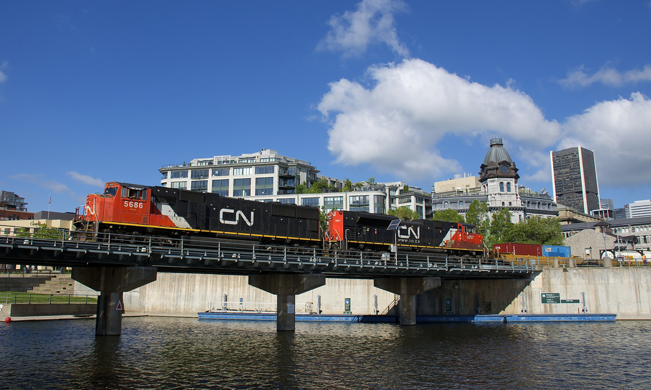 CN 5686 & CN 8957 lead CN 149 over the Lachine Canal as this intermodal train exits the Port of Montreal.