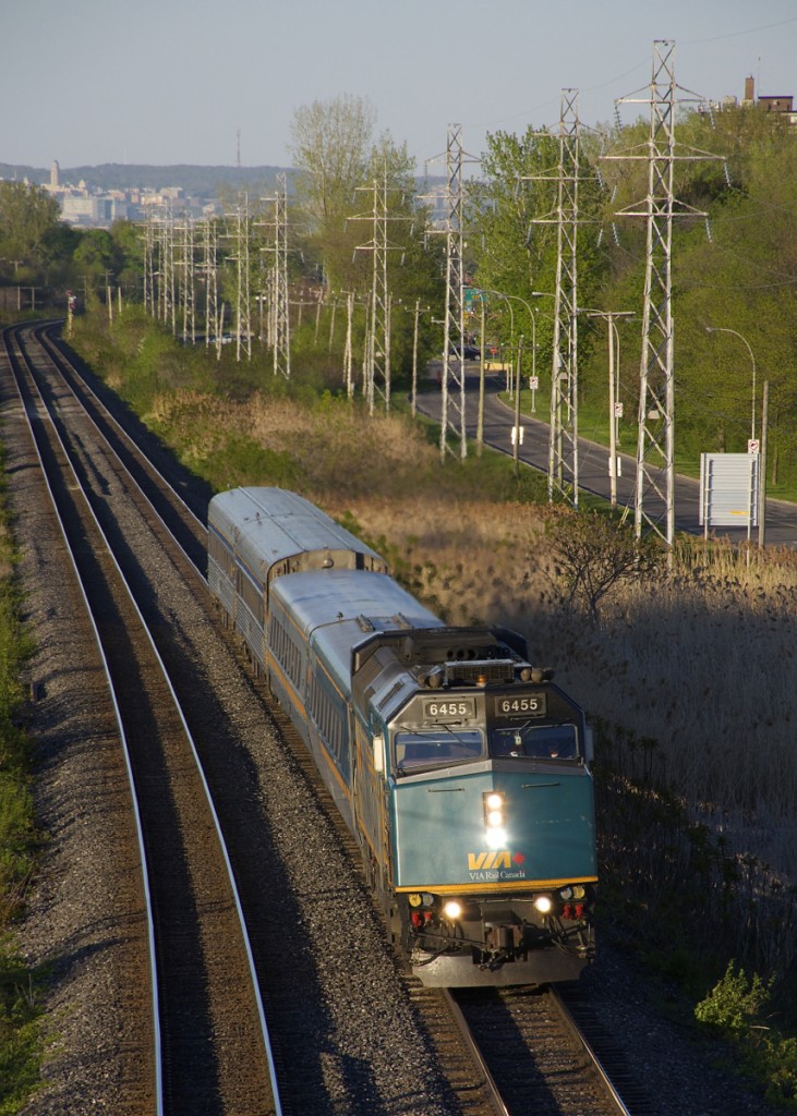 VIA 39 has VIA 6455 leading two LRC and two HEP cars as it heads west through Pointe-Claire.