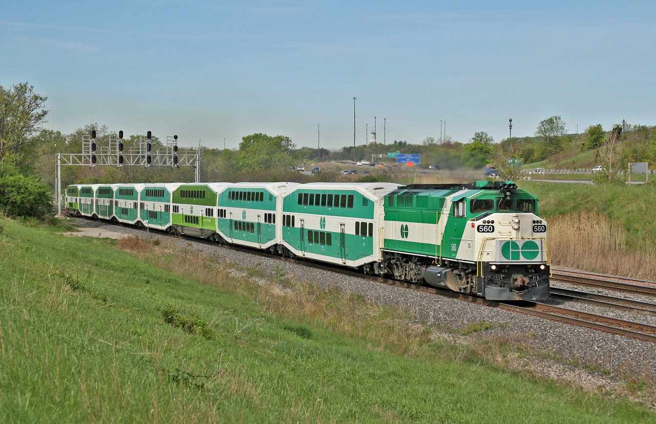 The Victoria Day long weekend marks the return of GO Service to Niagara Falls on the weekend.  Here we see train 984 racing through Snake with GO 560 leading a 7 car 'excursion' train, they will meet westbound counterpart 985 around the Aldershot GO Station.