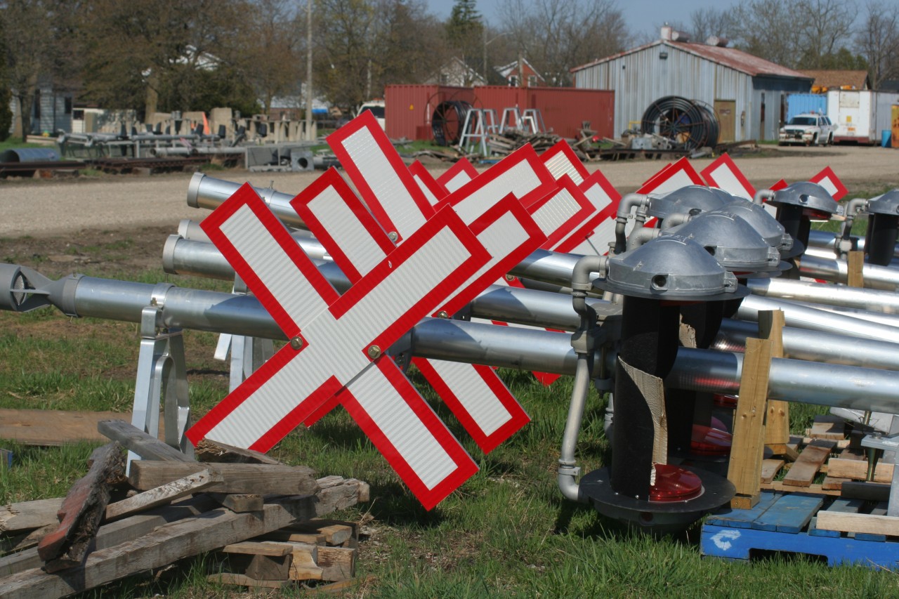 New railway crossing equipment awaits installation at Goderich-Exeter Railway's (GEXR) Stratford yard on a spring afternoon.