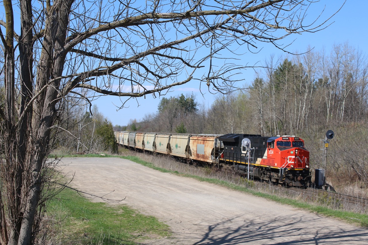 The sight of a potash train in Southern Ontario is definitely a rare occurrence. Here we see a re-routed train #781 passing the still mainly dormant landscape at the well known railfan hangout at Scotch Block, Mile 30 of the Halton subdivision. The detour was due to a wash out in Northern Ontario, and the train also had an ES44AC as mid train DPU.