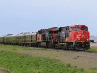 CNs business train approaches the Via station downtown Moncton with 2998 and 3084 leading the special train destined for Halifax, NS.