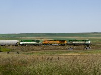 Due to the Expanse Subdivision from Moose Jaw to Assiniboia out of service due to floods, the Great Western was receiving empties at Swift Current and moving trains via Meyronne on the seldom used north end of the Vanguard Sub 