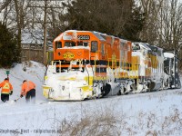 So, how about that heat? In this photo GEXR's plow crew (from the MOW team) are cleaning out the switch for the east leg of the wye as they have to turn the train to plow back west to Stratford, and you can see the battle was already quite good. We had a number of plow runs in 2014 on the GEXR mainline between both Stratford and London, and toward Guelph , not to mention dozens of plow runs to Goderich. Mostly memories now,  as it's quite rare for GEXR to use their plow to Goderich, the only saving grace is we have yet to see winters as bad as they were in 2014 and 2015. The last three winters (2016, 2017 and 2018) all started with a bang (Often requiring a single plow run, by someone - GEXR, CN, or OSR) but ended with a fizzle as the precipitation and cold did not come to pass as the farmers almanac would have had you believe. I'll share more of these memories over the years, the number of plow runs I shot in those two years was upwards of 40! Technology and age of equipment may threaten the use of a wedge plow but when mother nature is at her worst there is only one time tested solution, and I'm grateful to have had the opportunity to do this so close to home. GEXR's snow removal crews made it look easy but I know a lot of hard work and knowledge goes into their success. Cheers to the GEXR gang!
