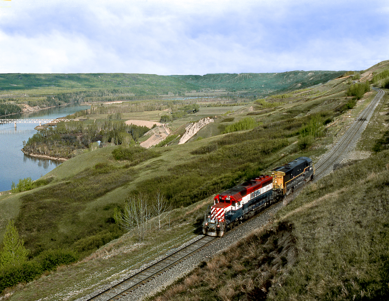 Light engines out of Fort St. John bound for a rendevous with the turn from Chetwynd at Septimus siding navigates the loops to the Peace River crossing