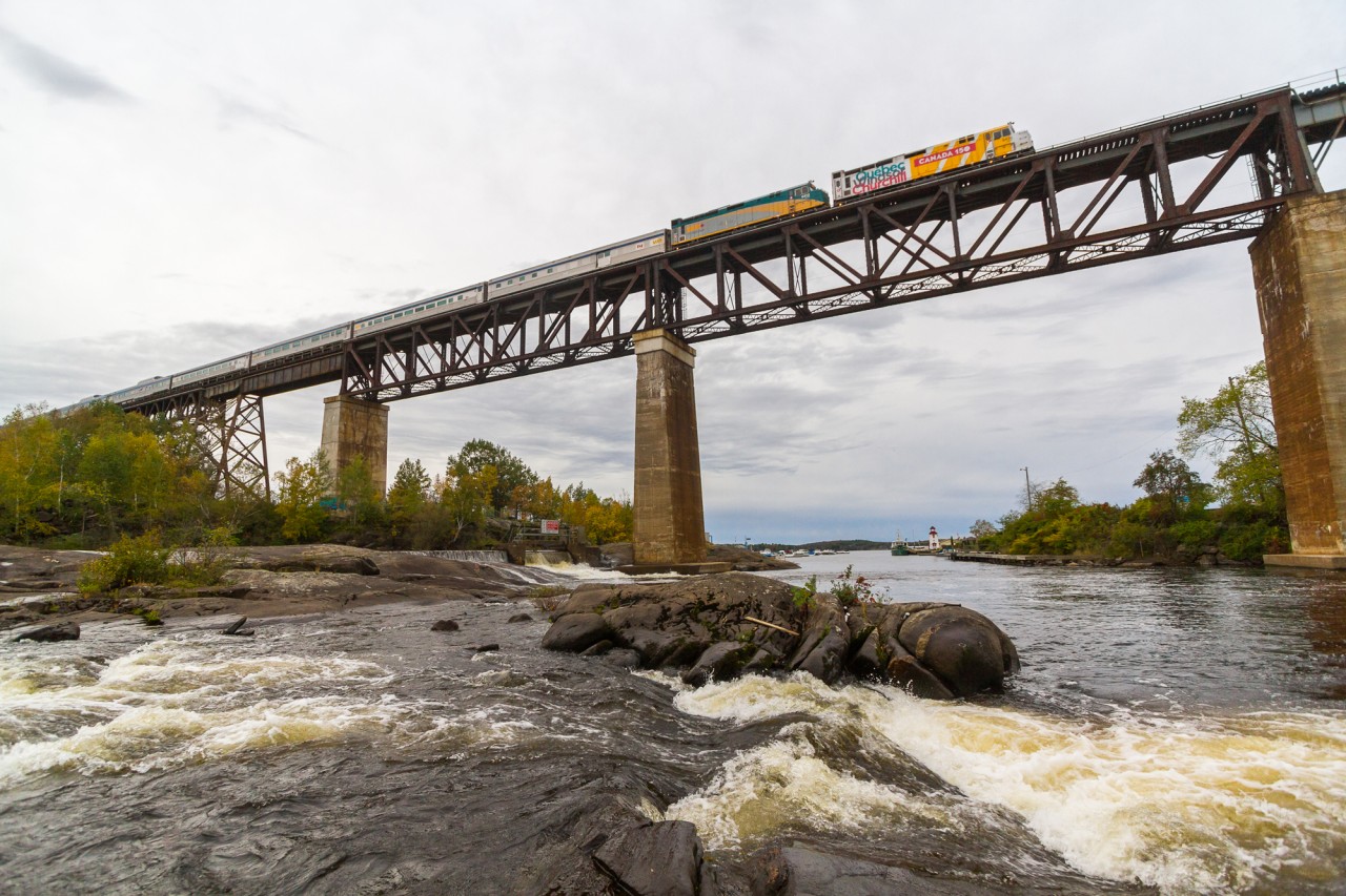 VIA Rail's flagship train "The Canadian" is seen rolling across the historic Seguin River Trestle in beautiful Parry Sound, Ontario.