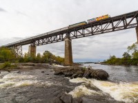VIA Rail's flagship train "The Canadian" is seen rolling across the historic Seguin River Trestle in beautiful Parry Sound, Ontario. 