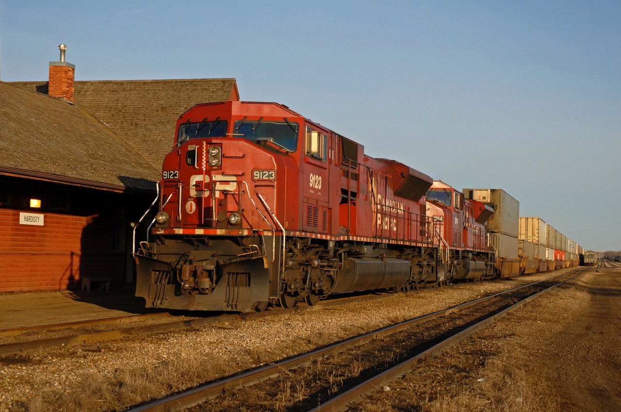 Edmonton-Toronto train 104 waits for a crew to come on duty in Hardisty Alberta. The station in the background has since been relocated and repurposed and now serves as a restaurant. 

Recent news suggests 30 of CP's SD9043MAC's (like the 9123 and 9114 pictured here) are off to Kentucky to be rebuilt by Progress Rail.