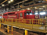 Back in service SD40-2 5756 in the shop for an auxiliary generator change out.