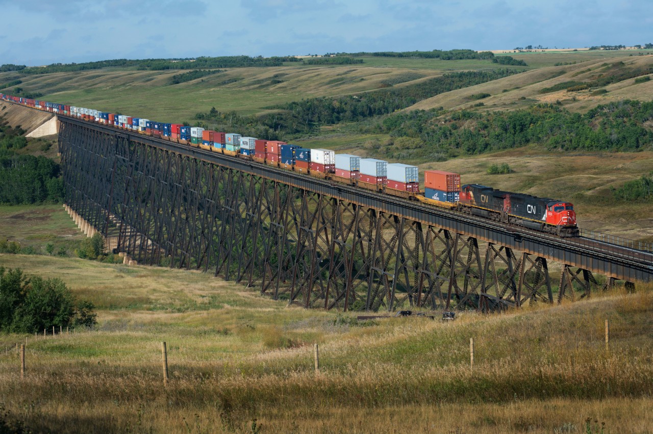 CN 102 makes it's way across the 2775 ft Fabyan trestle just west of Wainwright Alberta. Completed in December of 1908 it was the largest railway structure in Canada until the Lethbridge trestle was completed in August 1909.