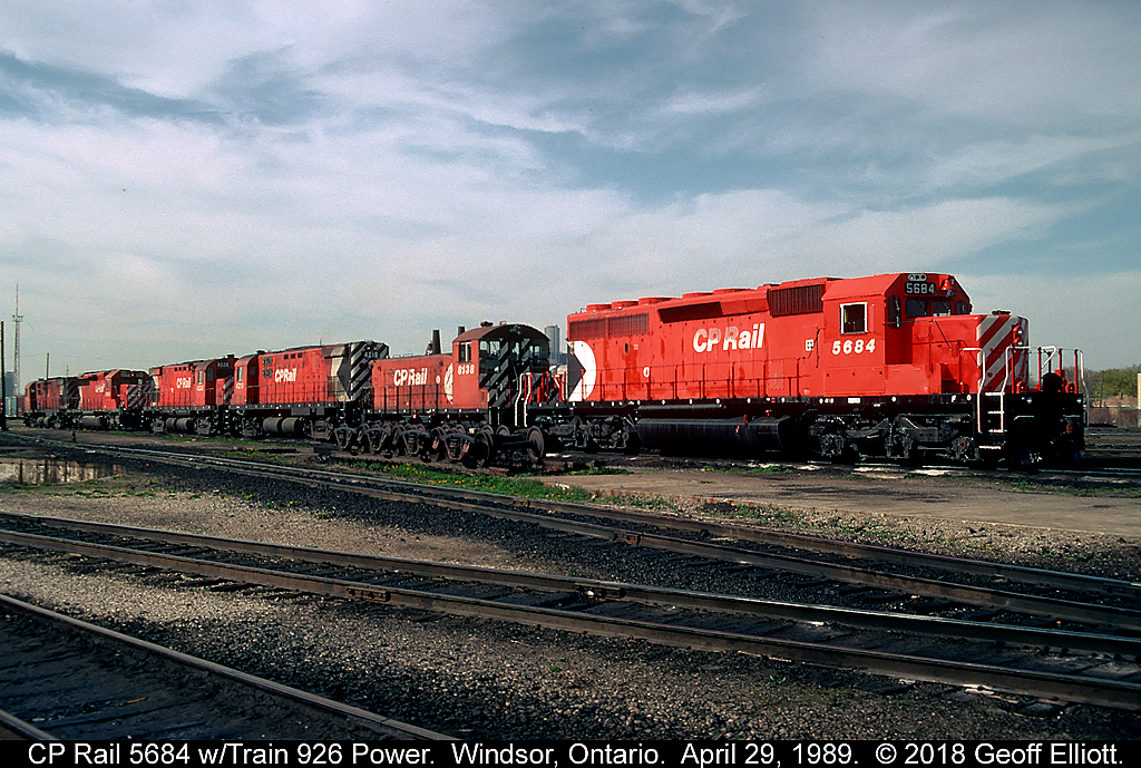 It's Saturday April 29, 1989 and we see nothing but Multi-Marks sitting in Windsor Yard today.  Two sets of power on the ready track with CP 5684 leading SW1200RSu #8138, which is likely to be setoff in Chatham, and two C424m's as one set, and a second set with CP 5565 and another C424m at the ready.  Sure is different to look at this picture compared to what is there today, but we are talking 29 years ago!!