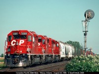 CPRS #5688 leads a trio of freshly repainted CP Rail System SD40-2's as they sit tied down in the siding in Tilbury, Ontario.  This trio had been running east out of Toronto apparently for photo ops to promote the new CP Rail Systems brand that we came to refer to a "C colon P" because of the way it looked on the noses of the standard cab GMDD units.