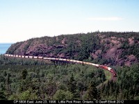 CP #5808 leads a trio of SD40-2's around the curves and over the Little Pic River bridge just west of Neys Provincial Park back on June 23, 1998.