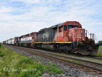 A 45 year old CN 5366 leads 398 east out of Sarnia, ON., today with a clean BCOL 4601 trailing along with CN 5758.