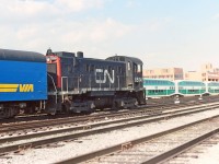 A scene from the past, some CN, VIA and GO on the east side of Toronto Union Station. Busy spot with lots to see and is all changed now. Fond memory from a trip to the area summer of 1980.