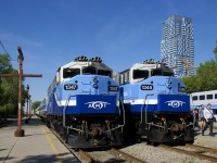 Ex-GO Transit F59PH's AMT 1347 & AMT 1345 are in matching paint schemes and are both at the end of Candiac-line trainsets as they bask in the sun towards the end of the morning rush hour in downtown Montreal.