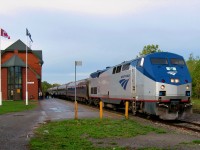 AMTRAK ADVENTURE. Amtrak's Train No. 97, the 'Maple Leaf' has just arrived from Toronto on October 19, 2007 en route to New York. The train departed Toronto as VIA # 64 and operated by Canadian crews until arrival at the Niagara Falls Station. An operating agreement will now see it run by Amtrak American crews for the remainder of the run to New York's Penn Station with the passengers having to clear customs on the Niagara Falls NY side. This long planned Father-Son hockey trip to see their beloved Leafs play at the the Air Canada Center gave both this Newfoundland photographer and his youngest son Thomas a chance to ride not only some passenger trains but also Toronto's famous streetcars. Having flown from St. John's the previous day and taking VIA No. 35 from Dorval, a day trip to see Niagara Falls was commenced on VIA 64/Amtrak 97 that morning with return on the quite comfortable Amfleet Coaches of Amtrak 98/ VIA 63 that same evening. Wanting to experience a full Original-Six hockey experience with Toronto hosting Chicago, the two travelled by train as would the teams when the NHL was born. 