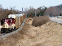 Ontario Southland Railway GP7 378 and RS18u 182 leave Woodstock behind as they head towards Beachville on the former Canadian Pacific St. Thomas Subdivision. 